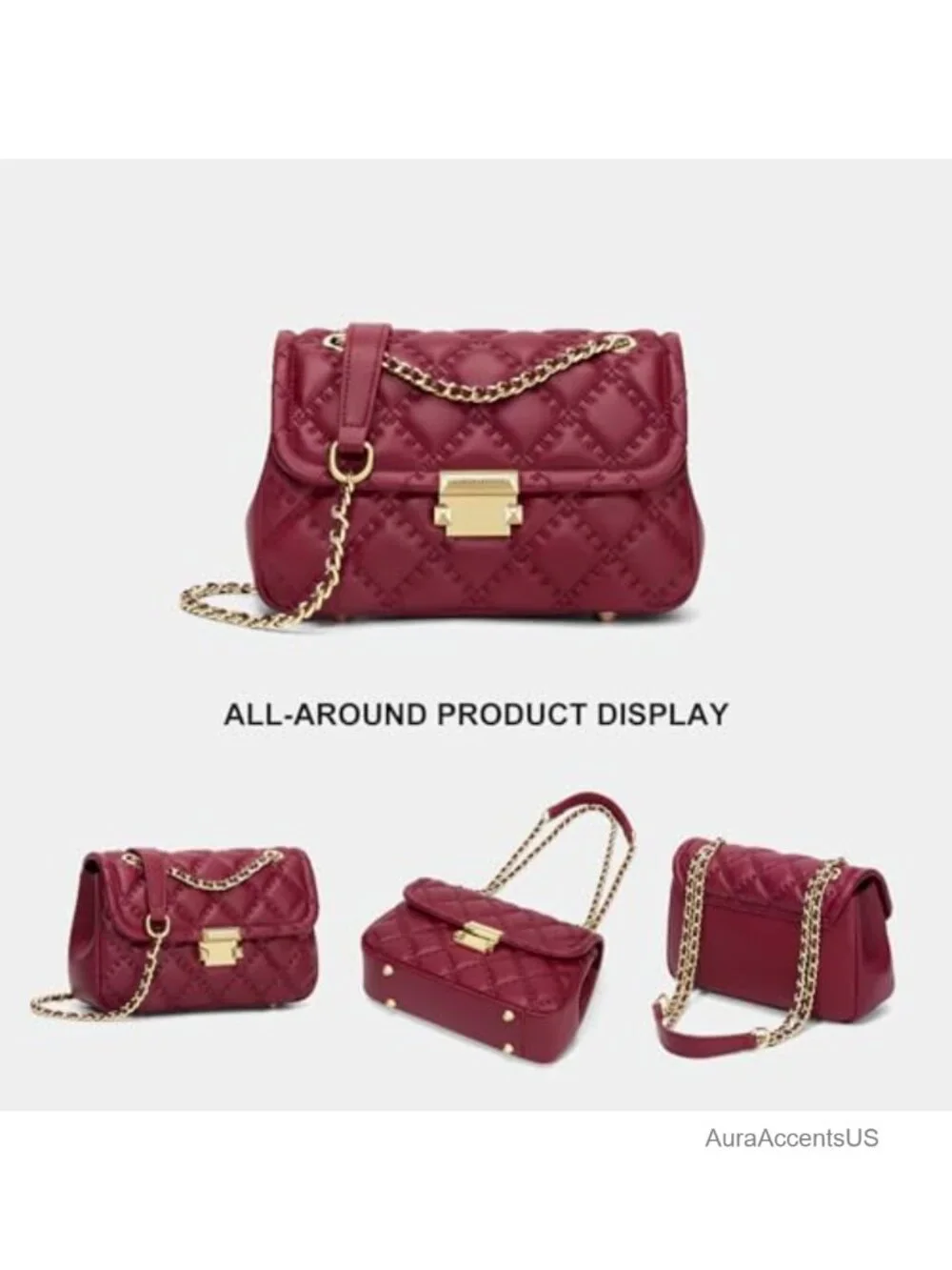 Fashion Quilted Box Crossbody Purse with Metal Chain Strap Medium Faux Leather